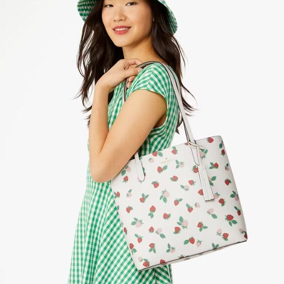NWT Kate Spade Jana Tossed Strawberry Printed Tote/White/ Saffiano - Picture 10 of 11